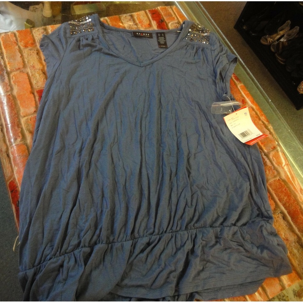 axcess Liz claiborne co womens XL shirt top bead & sequin accents Steel Blue NEW